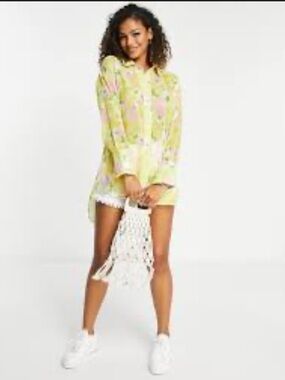 ASOS oversized sheer floral shirt in pastel yellow and pink